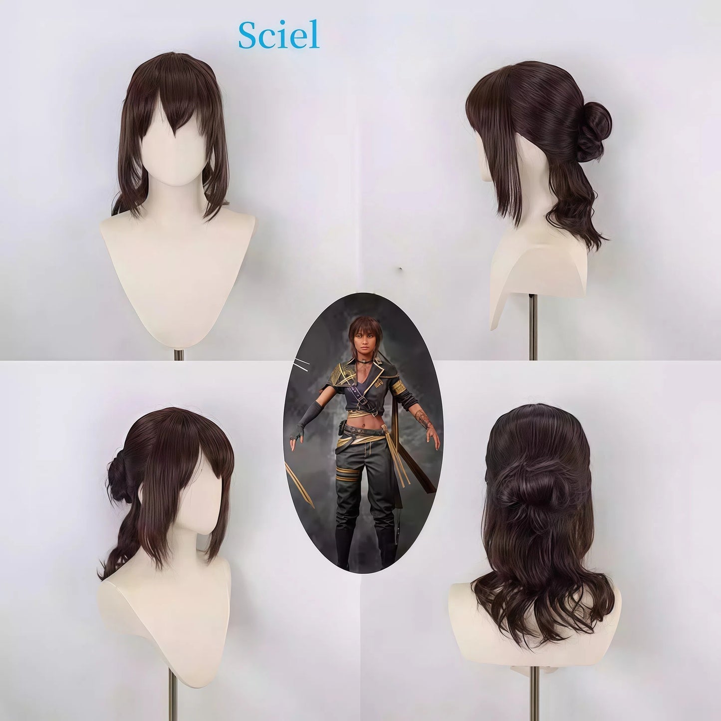 Clair Obscur: Expedition 33 Sciel Cosplay Wig - Dark Brown with M-Shaped Bangs & Low Bun