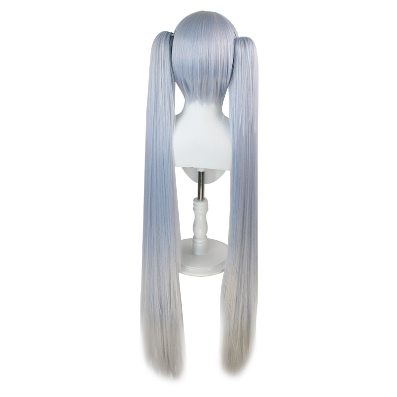 Snow Miku Braided Twin Tails Cosplay Wig - Long Blue-Grey Hair with Braided Accents & Fringe
