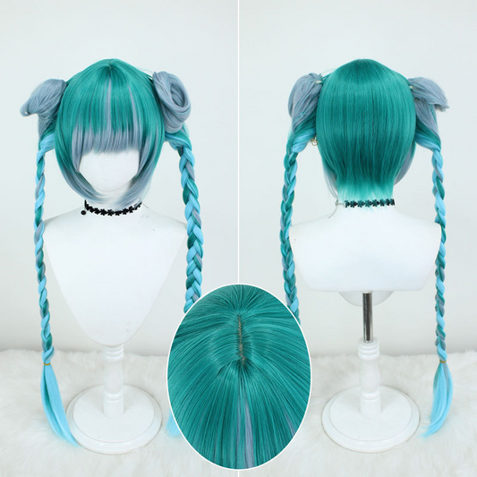 Zombie Hatsune Miku "Little Future Zombie" Cosplay Wig - Teal Gradient Braided Twin Tails