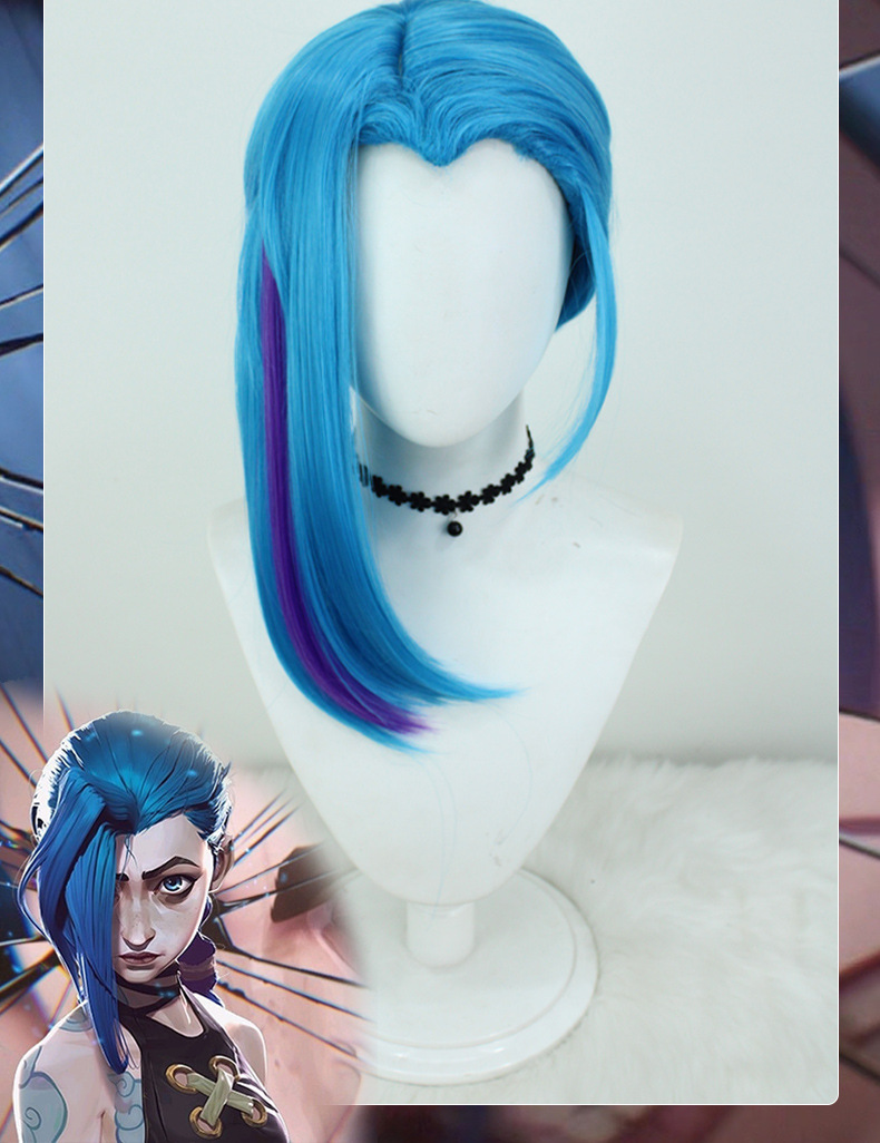 Arcane Season 2 Jinx Cosplay Wig | Mid-Length Blue Hair with Purple Streaks