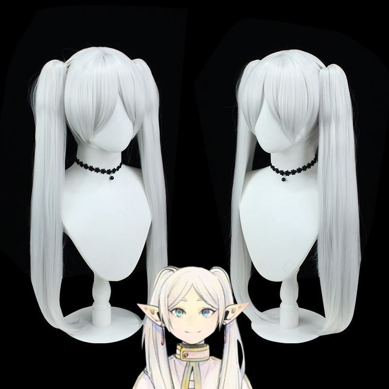 Frieren Cosplay Wig | Long Silver Twin Tails with Rose Netting | Sousou no Frieren