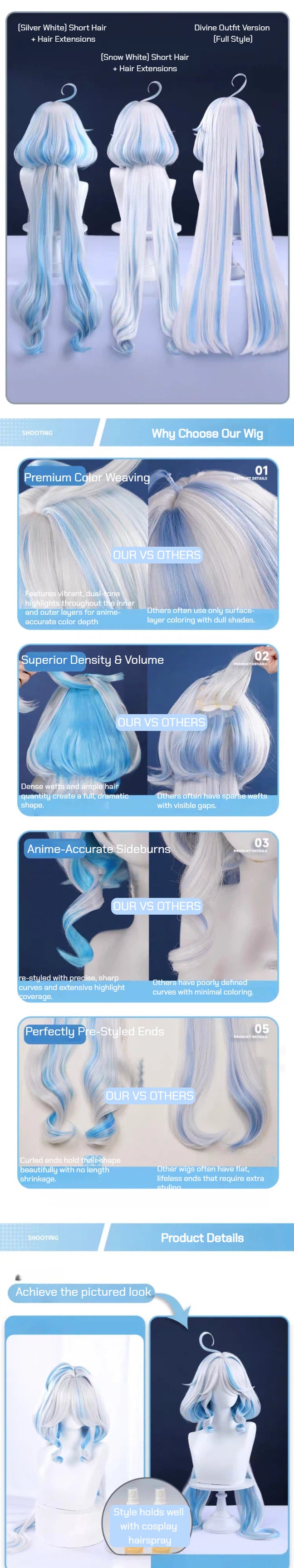 Genshin Impact Furina Cosplay Wig - 6 Styles (Silver/White/Divine) with Detachable Extensions & Premium Density