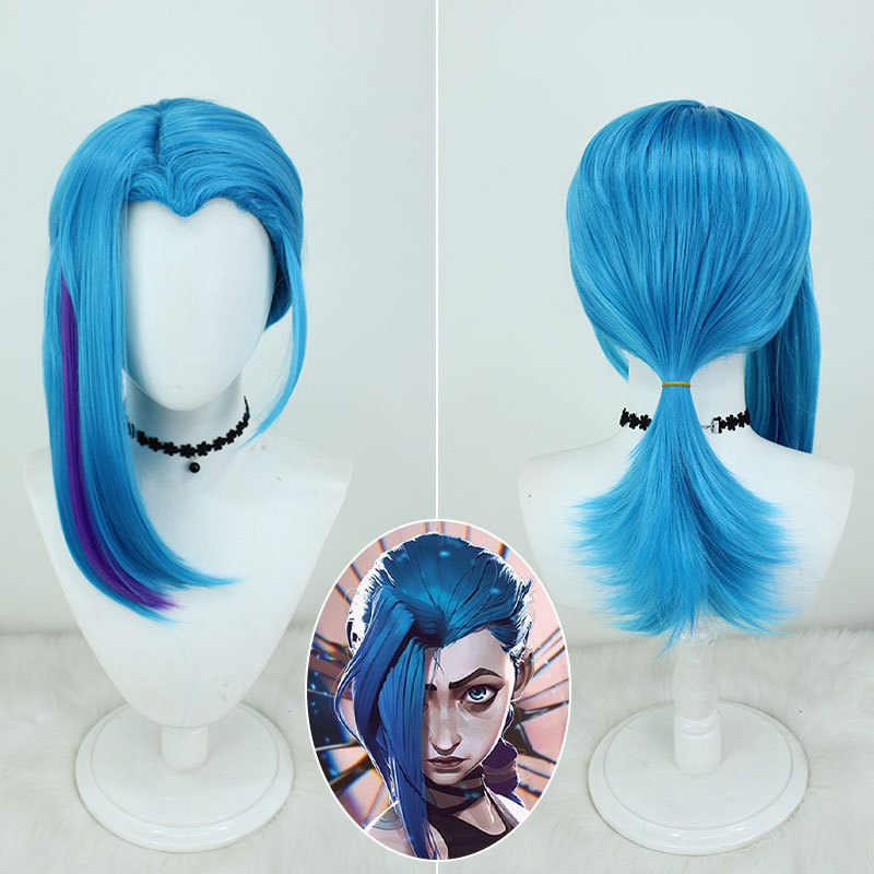 Arcane Season 2 Jinx Cosplay Wig | Mid-Length Blue Hair with Purple Streaks