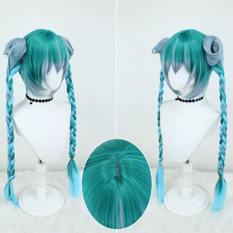 Zombie Hatsune Miku Cosplay Wig | Little Future Zombie Braided Twin Tails | Teal Gradient